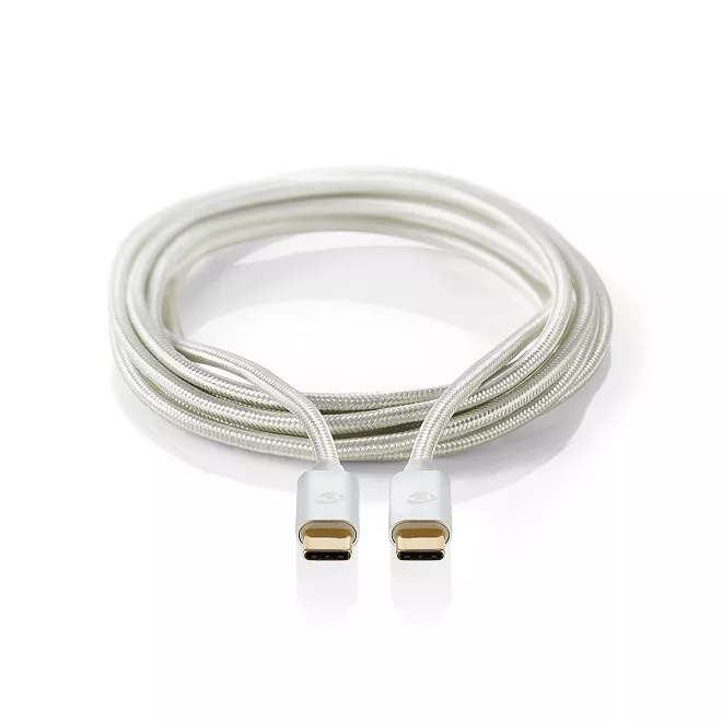 cablu-de-alimentare-si-sincronizare-usb-type-c-20-tata-tata-5a-100w-aurit-2m-argintiu-nedis Cablu de alimentare si sincronizare USB type C 2.0 tata-tata 5A 100W aurit 2m argintiu Nedis - imagine 1